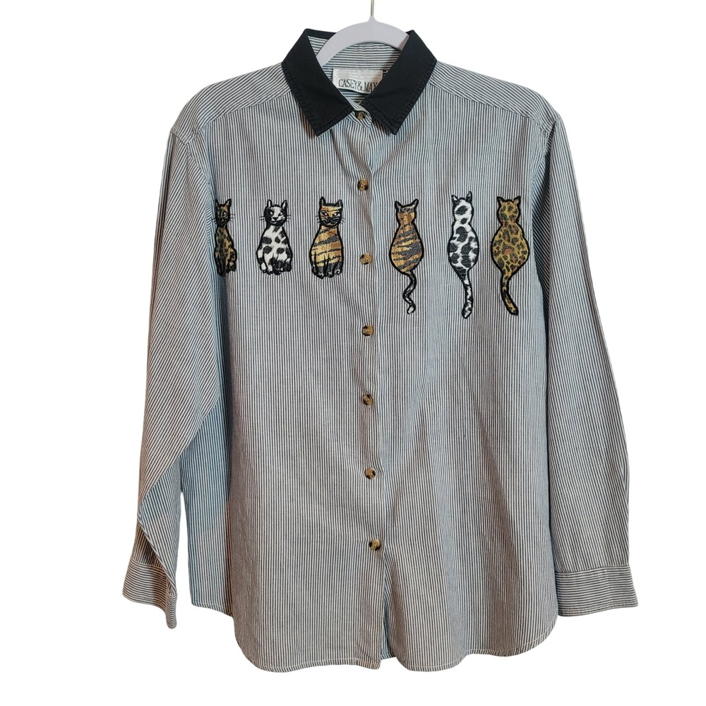 Casey & Max Women Medium Striped Cotton Button Up Shirt Embroidered Cats Novelty